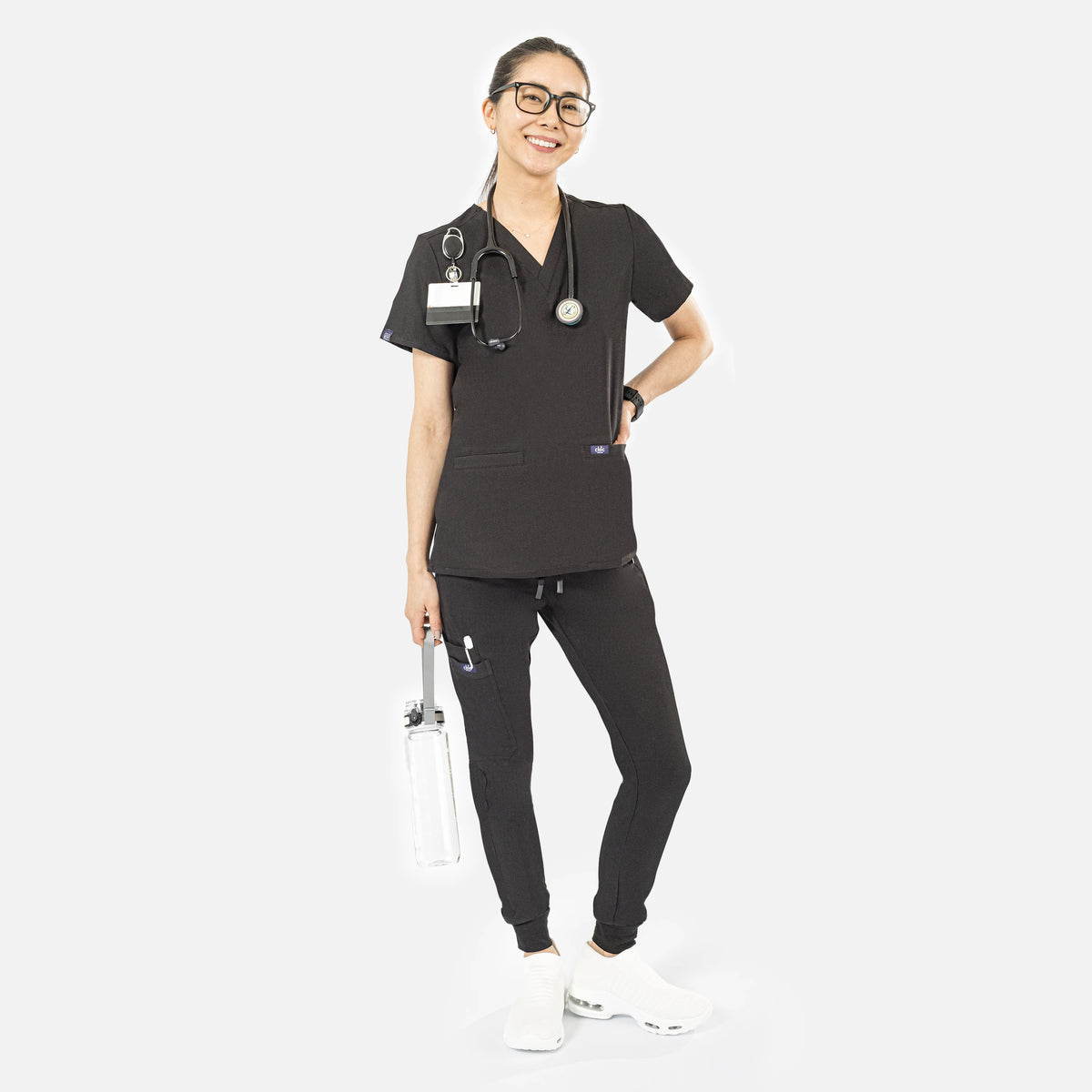 Women's Scrub Set V-Neck Top with 2 Pockets & Jogger Pants with 6 Pockets