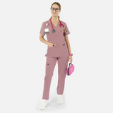 Women's Scrub Set V-Neck Top with 2 Pockets & Straight-Leg Pants with 8 Pockets