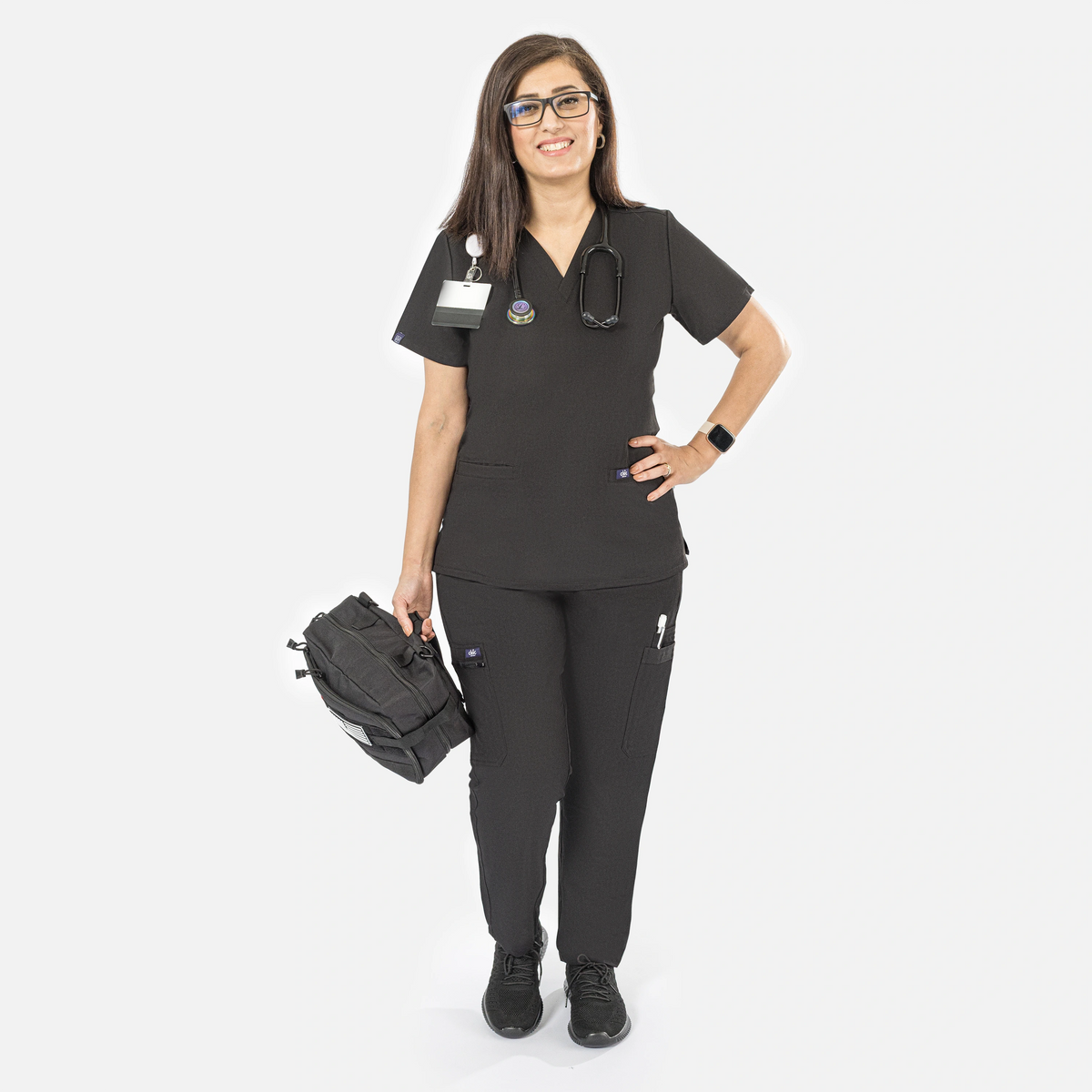 Women's Scrub Set V-Neck Top with 2 Pockets & Straight-Leg Pants with 8 Pockets